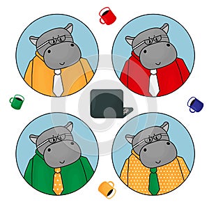 Hippo is office clerk, official representative. Yellow, red, green and white clothes of shirt and tie with fashion glasses, laptop