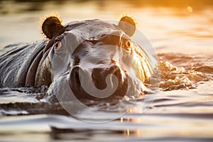 Hippo open muzzle in river water AI generated