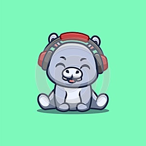 Hippo Sitting Hearing Music Cute Creative Kawaii Cartoon Mascot Logo