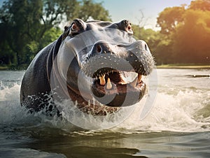 Ai Generated illustration Wildlife Concept of Hippo smile