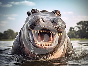 Ai Generated illustration Wildlife Concept of Hippo smile