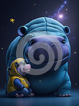 Hippo in space with little boy