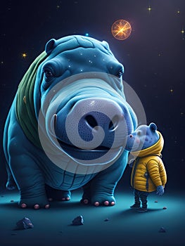 Hippo in space with little boy