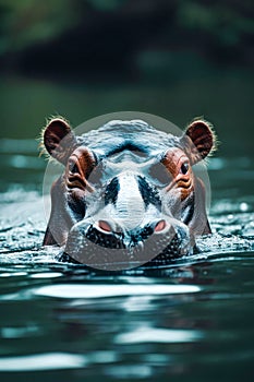 Hippo is swimming in body of water with its head above the surface facing forward. Generative AI