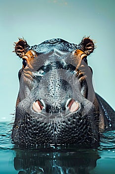 Hippo is swimming in body of water with its mouth open. Generative AI
