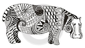 Hippo zentangle stylized, vector, illustration, freehand pencil