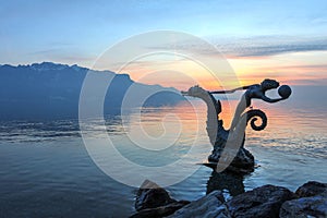 Hippocampes statue by the lake in Vevey, Switzerland