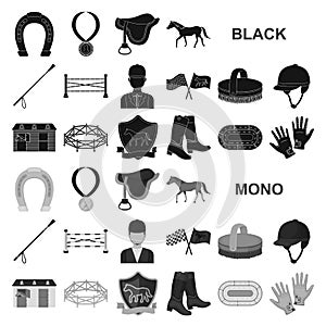 Hippodrome and horse black icons in set collection for design. Horse Racing and Equipment vector symbol stock web