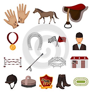 Hippodrome and horse cartoon icons in set collection for design. Horse Racing and Equipment vector symbol stock web