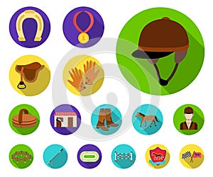 Hippodrome and horse flat icons in set collection for design. Horse Racing and Equipment vector symbol stock web