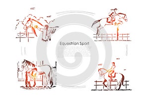 Hippodrome races, jockey on horseback, horseman in saddle, equine show, stallion in barn banner template