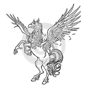 Hippogriff or Hippogryph supernatural beast. Sketch on a white background