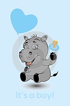 Hippopotamus as a baby with heart balloon, pacifier and text It`s a boy