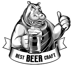 Hippopotamus Beer Glass Craft Behemoth Thumb Emblem Engraved Ink Black