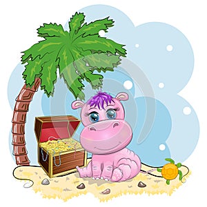Hippopotamus cartoon character, wild animal in near a palm tree with a treasure chest. Character with bright eyes