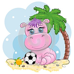 Hippopotamus cartoon character, wild animal with soccer ball. Character with bright eyes