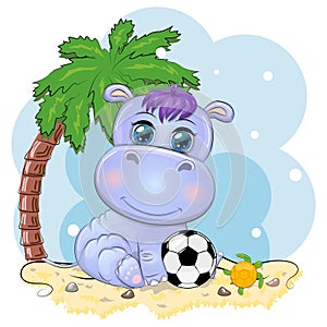 Hippopotamus cartoon character, wild animal with soccer ball. Character with bright eyes