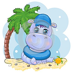 Hippopotamus cartoon character, wild animal in swimming ring, hat, summer is coming, hula dancer.