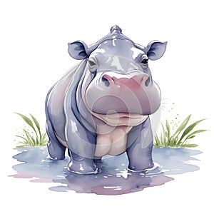 Hippopotamus in cartoon style. Cute Little Cartoon Hippopotamus isolated on white background. Watercolor drawing, hand-drawn