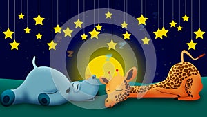 Hippopotamus and giraffe cartoon sleeping together