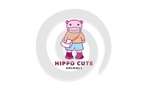 Hippopotamus or hippo as student  cute cartoon vector  illustration