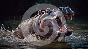 A hippopotamus with jaws open wide in a territorial defense. Generative AI