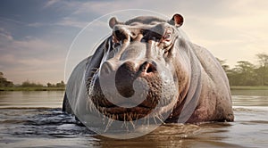 Hippopotamus in lake wate. Hippo waiting food in zoo. Specie Hippopotamus amphibius family of Hippopotamidae. Animal in photo