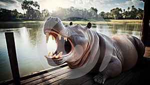 A hippopotamus lets out a big yawn on a lazy mid-afternoon in Africa, generative AI