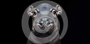 Hippopotamus puppy cute animal face portrait on black background