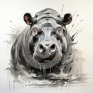 hippopotamus in water a charcoal drawing black and white of an hippo on white background