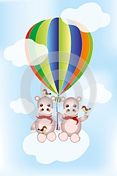 Hippos in the air with colorful hot air balloon and birds on cloudy sky