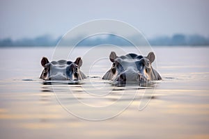 Hippos bathing in the river delta at sunrise. Amazing African wildlife. Generative Ai