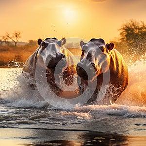 Hippos Fighting in Africa