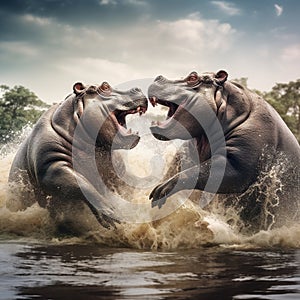 Hippos Fighting in Africa