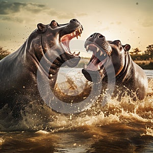 Hippos Fighting in Africa