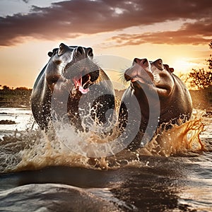 Hippos Fighting in Africa