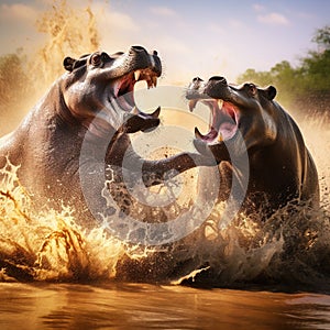 Hippos Fighting in Africa