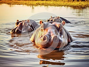 Hippos in the water  Made With Generative AI illustration