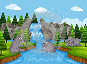 Hippos in water scene