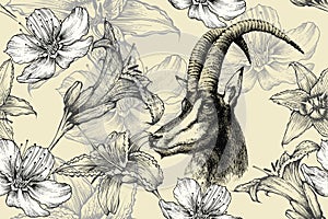 Hippotragus niger and floral seamless background with lilies. Hand-drawn, vector illustration.