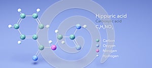 hippuric acid molecule, molecular structures, c9h9no3 3d model, Structural Chemical Formula and Atoms with Color Coding