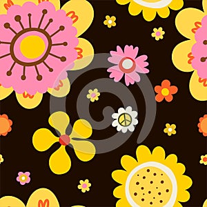 Hippy flower seamless pattern. Hippie style blossoms, retro vintage background, 60s and 70s abstract, bright colors childish cute