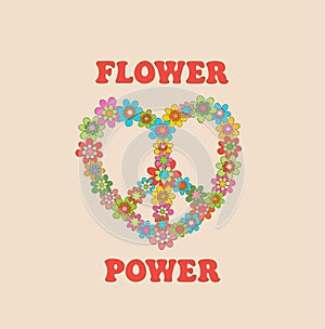 Hippy sign with hippie flowers - daisies. Colorful flower power print for 70s 60s groovy poster or card, t-shirt, bag design photo