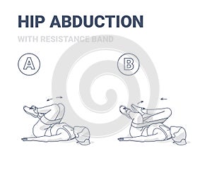 Hips Abduction with Resistance Band Female Home Workout Exercise Guidance Illustration.