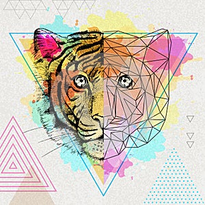 Hipster animal realistic and polygonal tiger