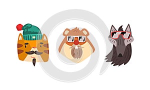 Hipster Animals Set, Portrait of Cat, Hamster, Wolf in Retro Sunglasses and Caps Cartoon Vector Illustration