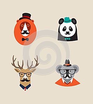 Hipster Animals set of vector icons. Lion, panda