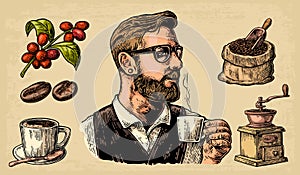 Hipster barista holding a cup of hot coffee Sack with coffee beans with wooden scoop and beans, cup, branch with leaf and berry.