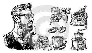 Hipster barista holding a cup of hot coffee Sack with coffee beans with wooden scoop and beans, cup, branch with leaf and berry.