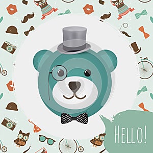 Hipster Bear Head Card vector illustration